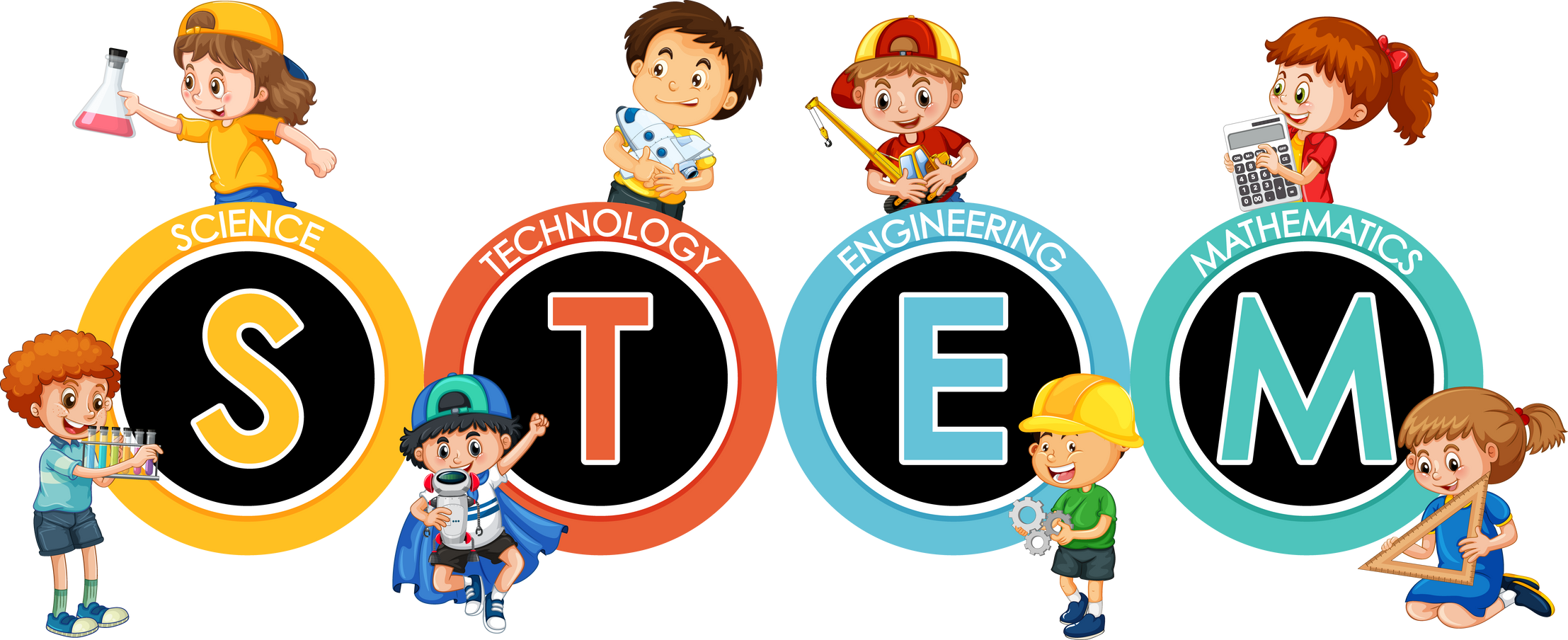 STEM Education Logo with Many Children Cartoon Character